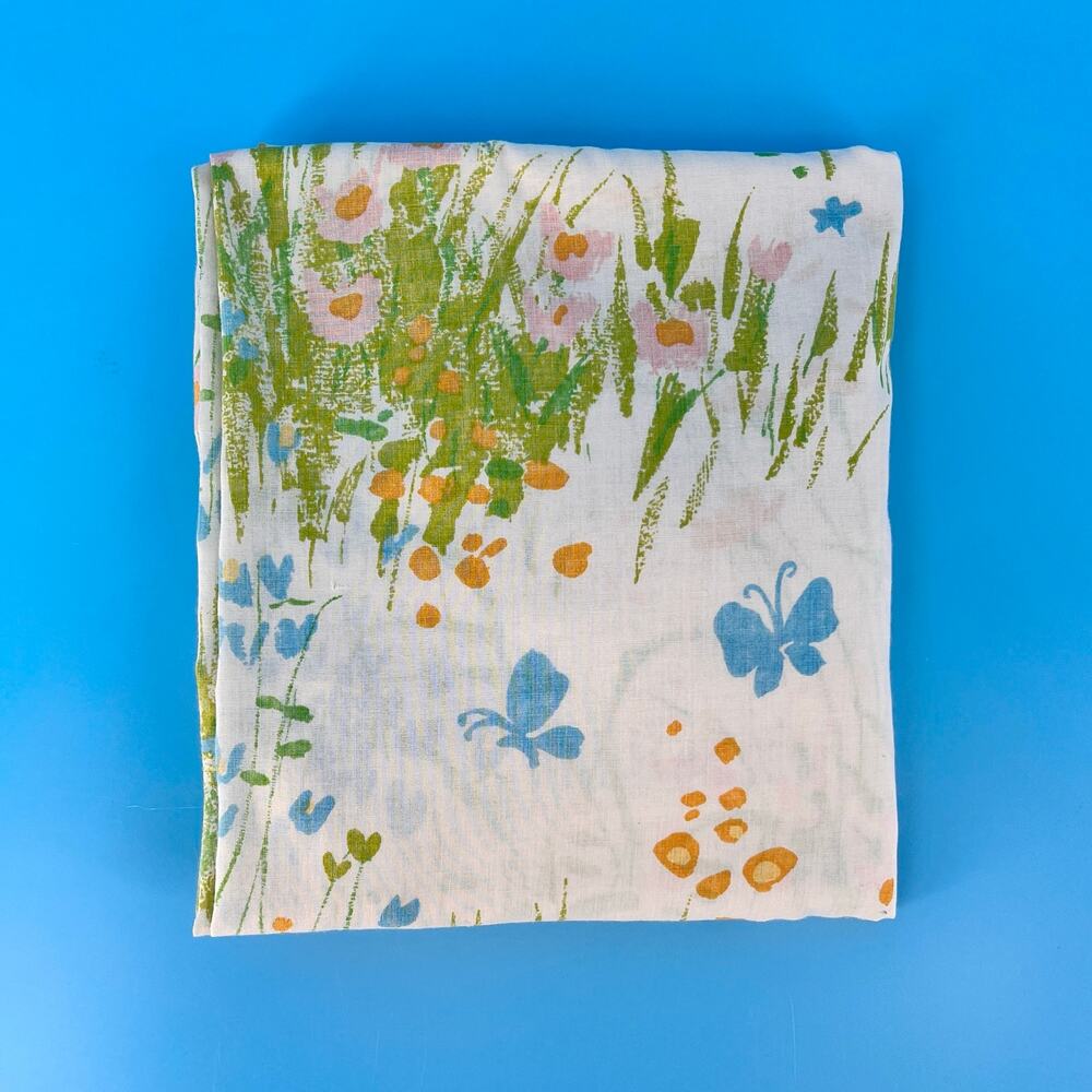 Vintage 70s Cottagecore Floral Butterfly Twin Fitted Sheet 1970s